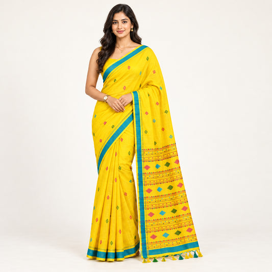 yellow organic linen saree with teal blue border