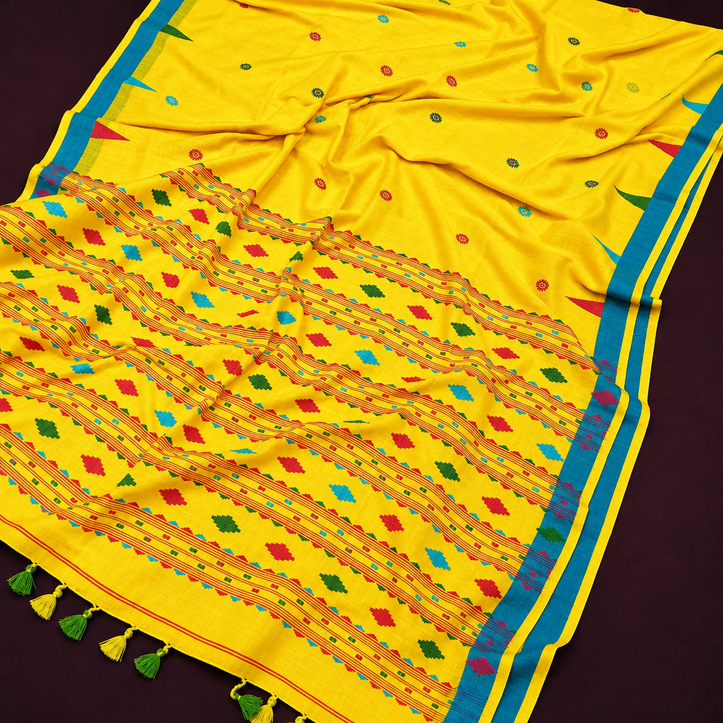 Yellow Organic linen saree with teal blue border