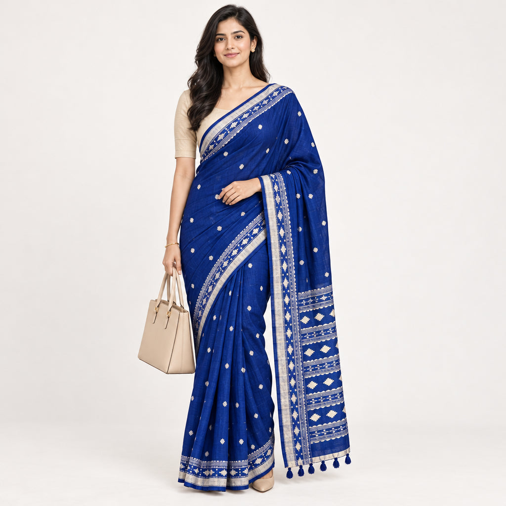 A royal blue saree with white and silver geometric patterns and small silver polka dots