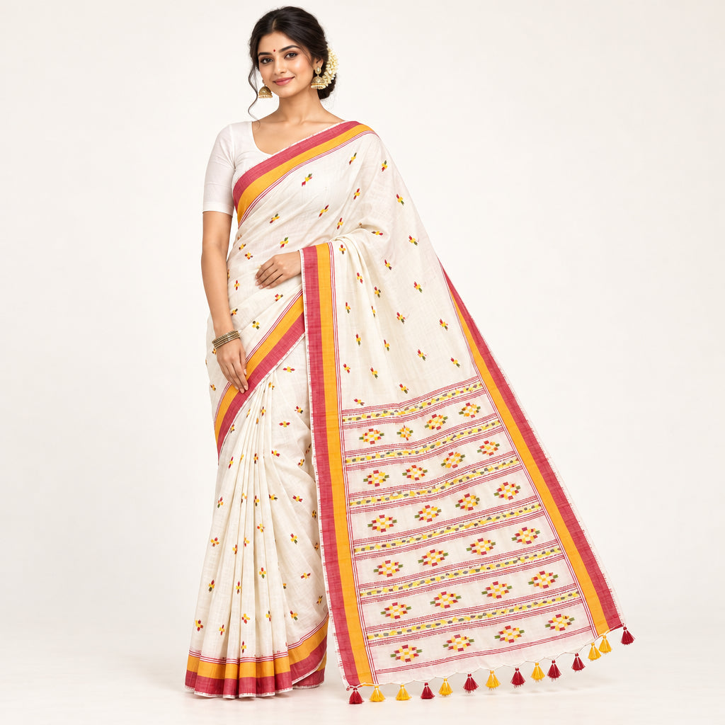 An off-white cotton saree with red and yellow geometric patterns and tassels,