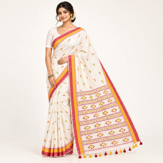 An off-white cotton saree with red and yellow geometric patterns and tassels,