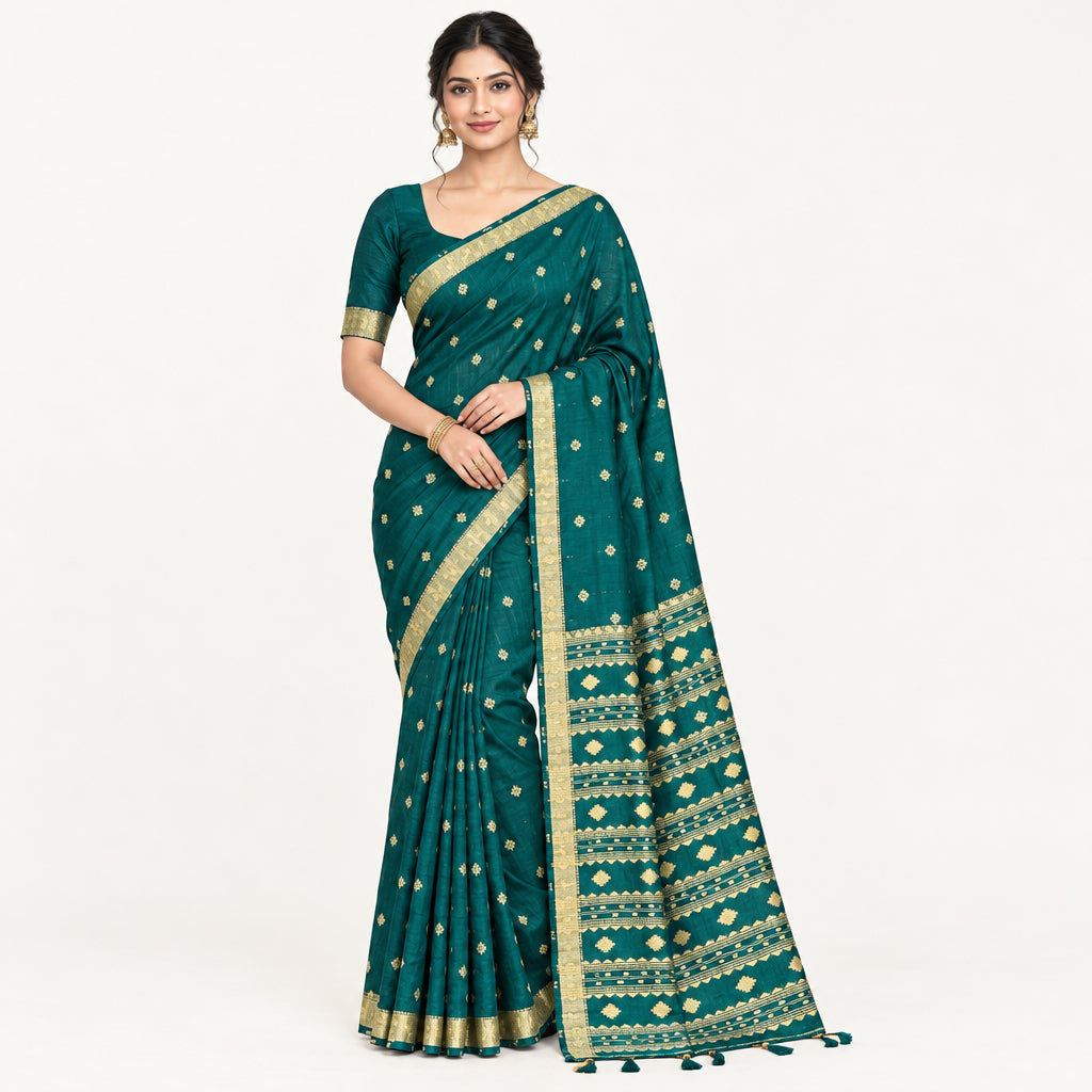 A dark teal green saree with beige geometric patterns and gold zari detailing