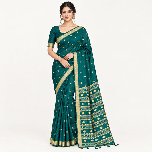 A dark teal green saree with beige geometric patterns and gold zari detailing