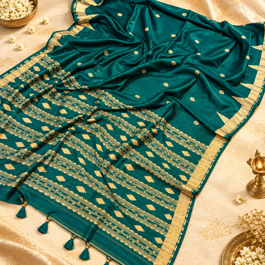 A dark teal green saree with beige geometric patterns 