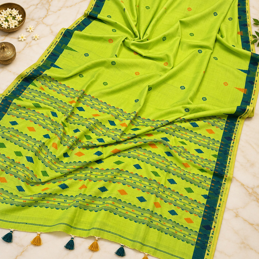 A lime green cotton saree with a dark green border, geometric patterns, and small colorful motifs