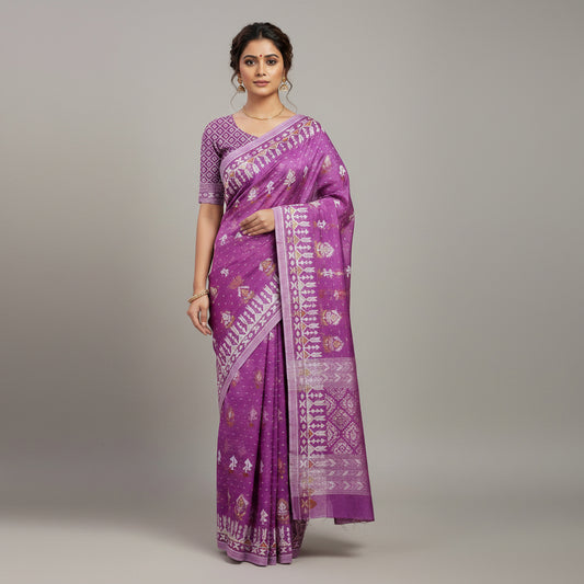 A purple and white patterned silk saree laid flat on a wooden floor, featuring traditional motifs and a matching fabric piece.