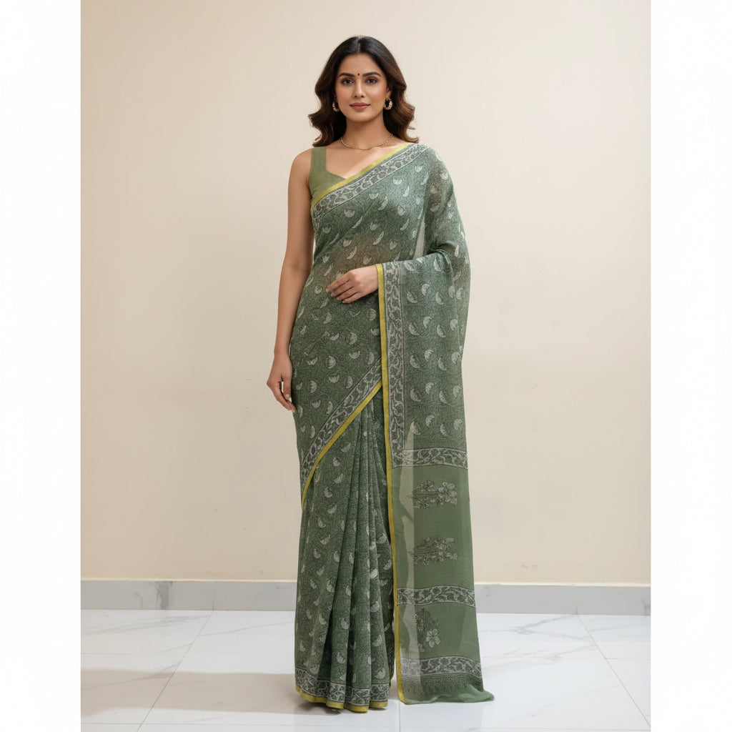 A sage green saree with white printed motifs and a yellow border, draped elegantly against a plain indoor wall.