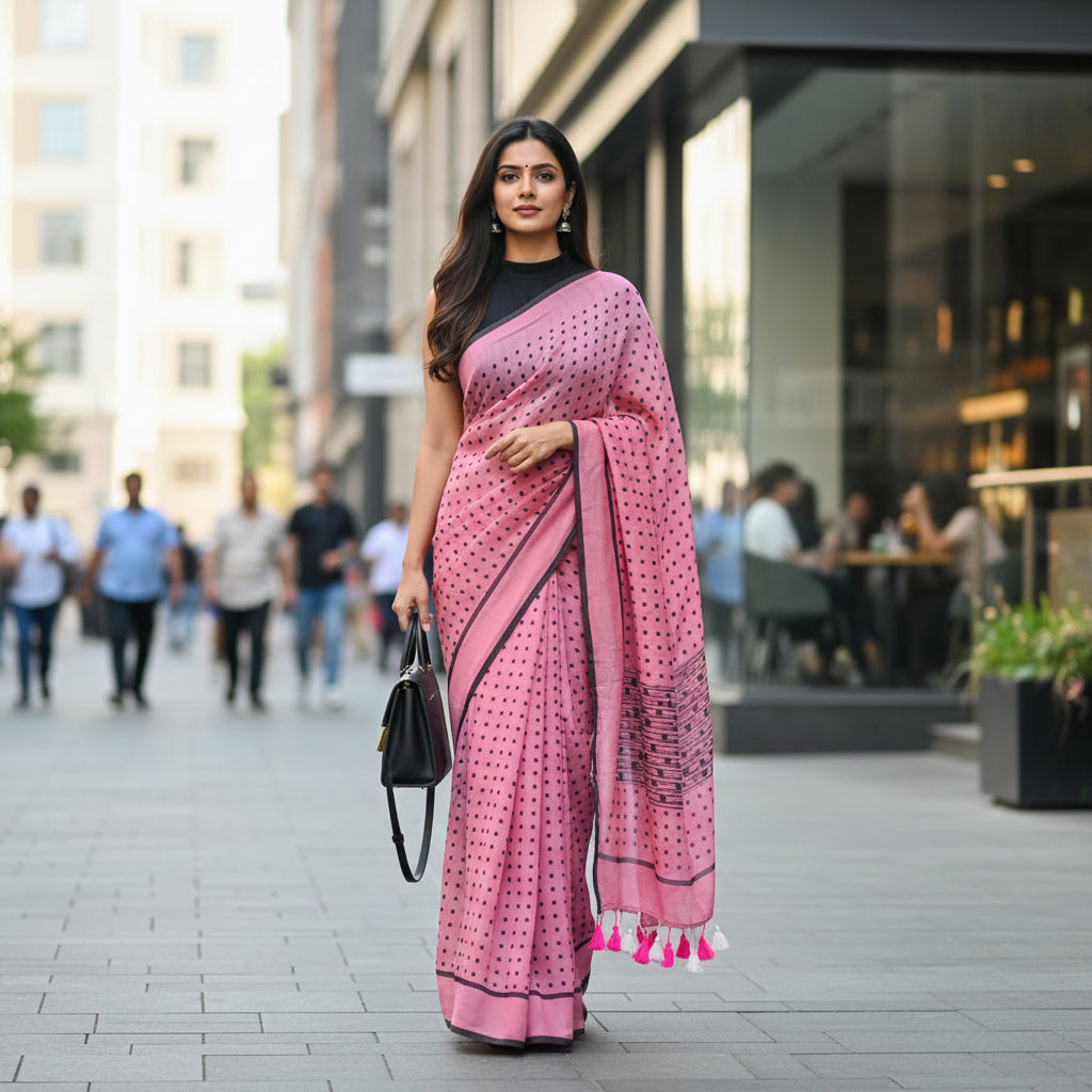 Polka Pink Mul Cotton Saree
