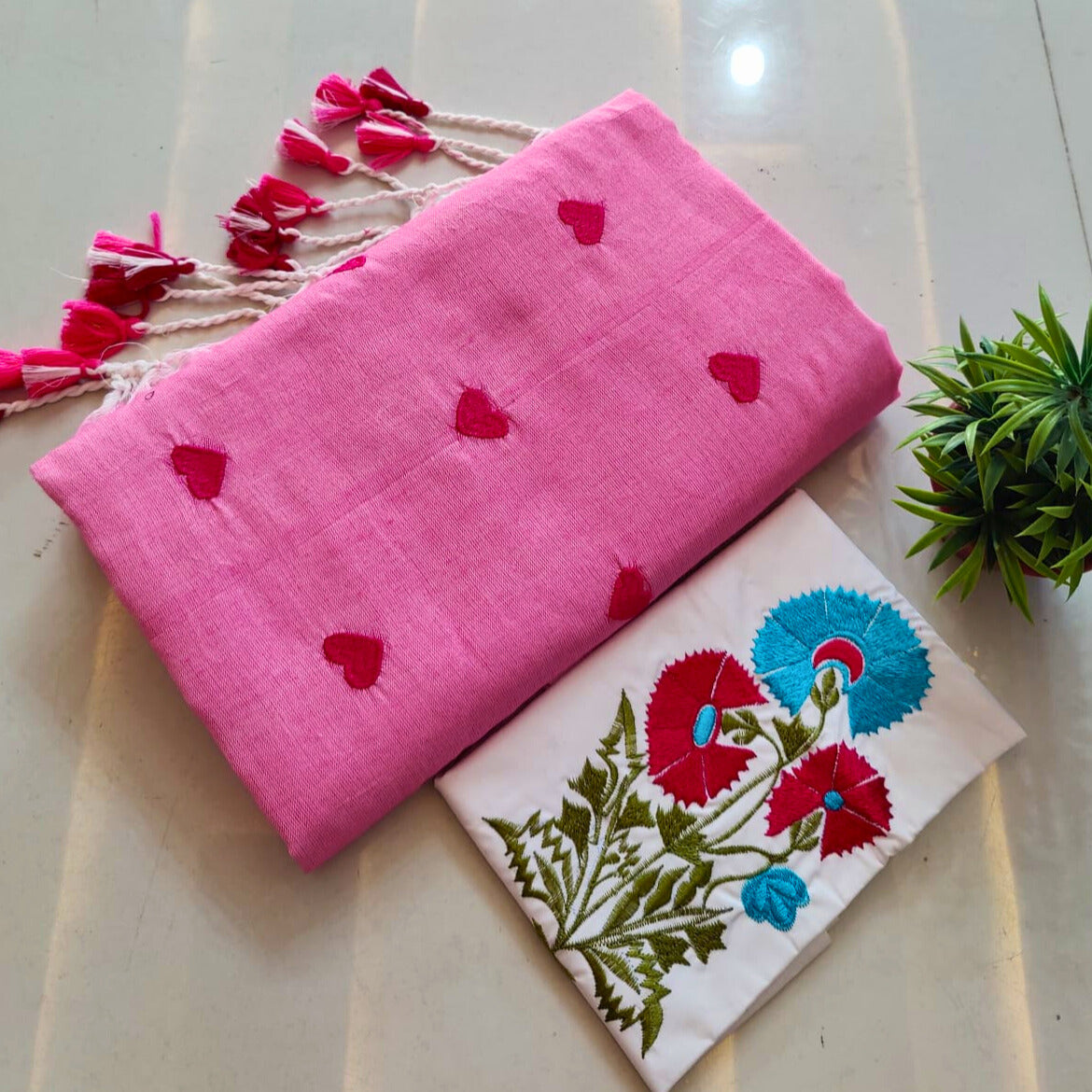 Pink Heart Print Khadi Saree