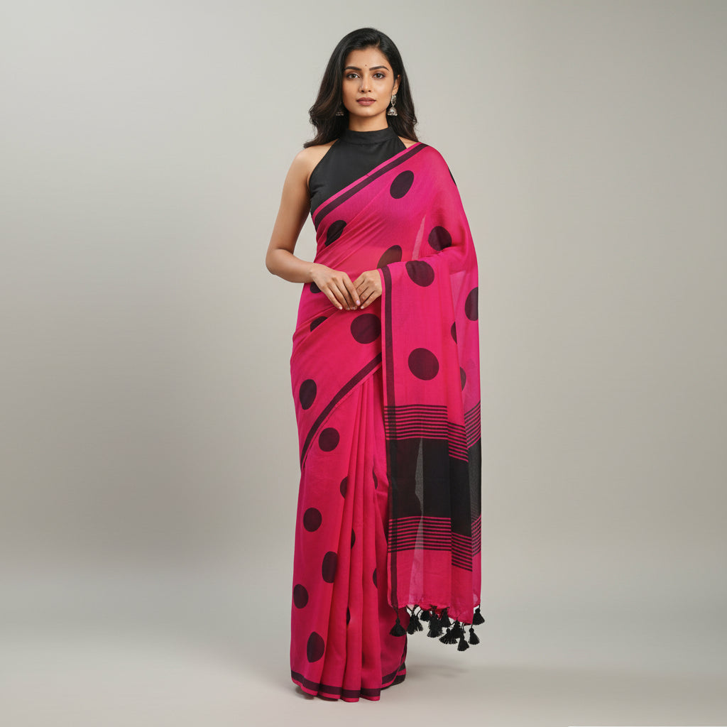 Polka Pink Mul Cotton Saree