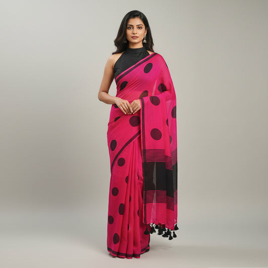 Polka Pink Mul Cotton Saree