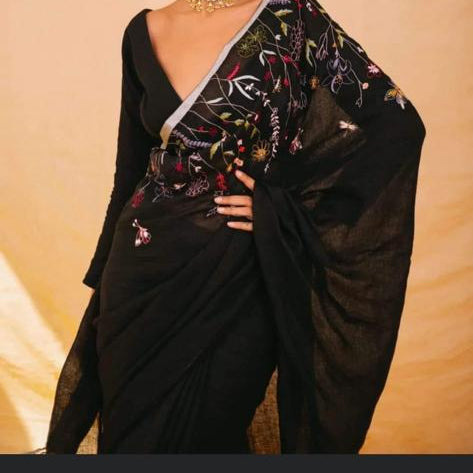 Black Linen Hand Embroidered Workwear Saree