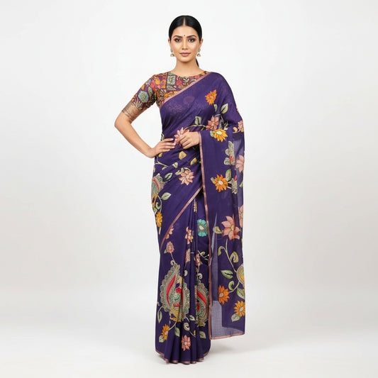 Purple Kalamkari Muga Cotton Silk Workwear Saree