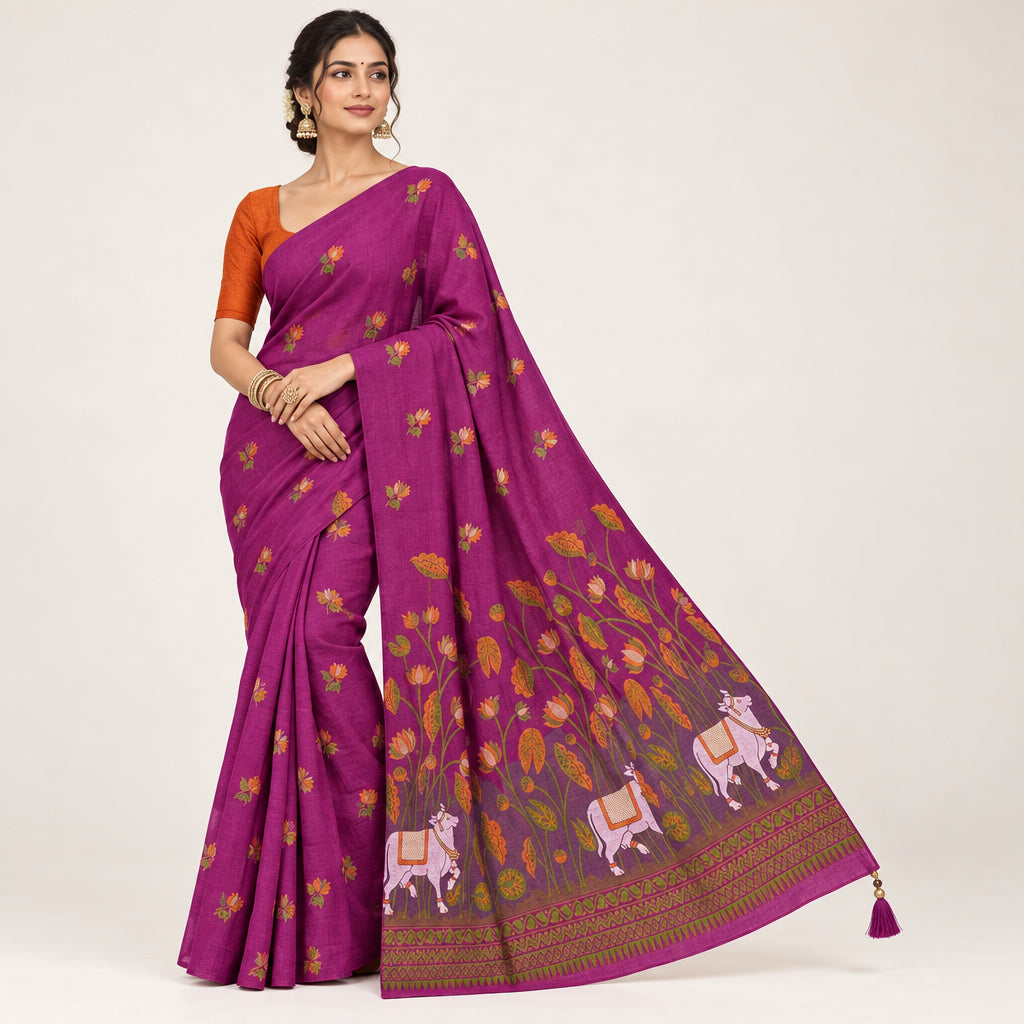 Purple saree with cow and leaf pattern 