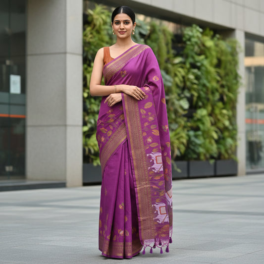 Purple Muga Cotton Silk Pichwai Workwear Saree