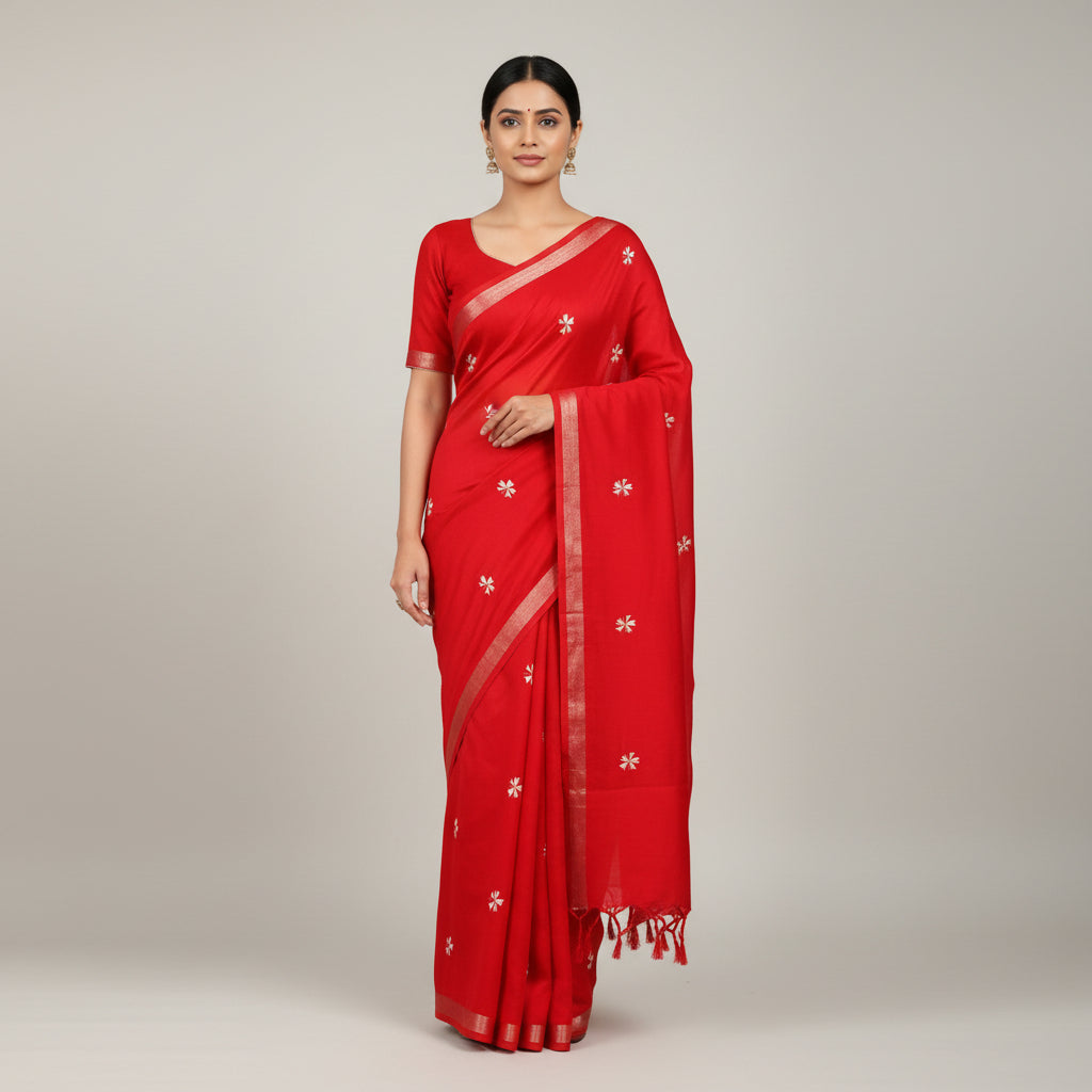 Parijat Red Khadi Cotton Saree