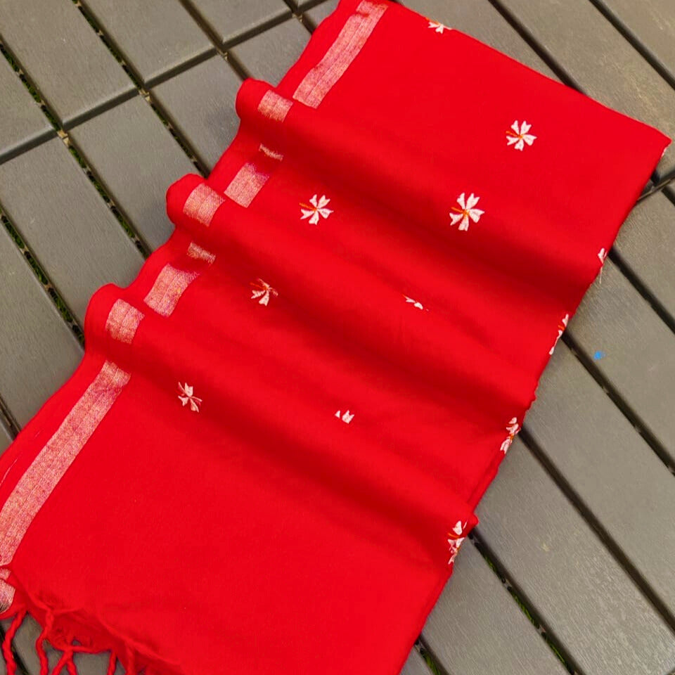 Parijat Red Khadi Cotton Saree