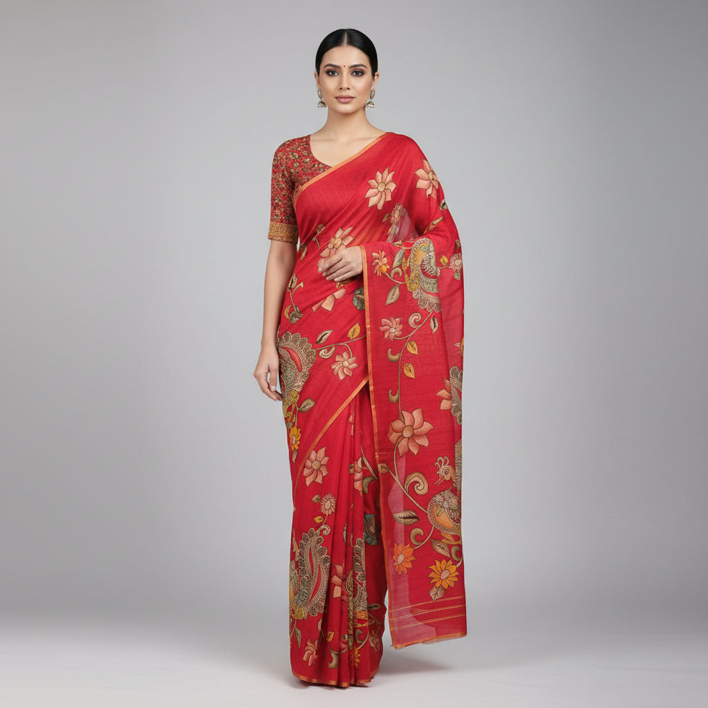 Red Kalamkari Muga Cotton Silk Saree