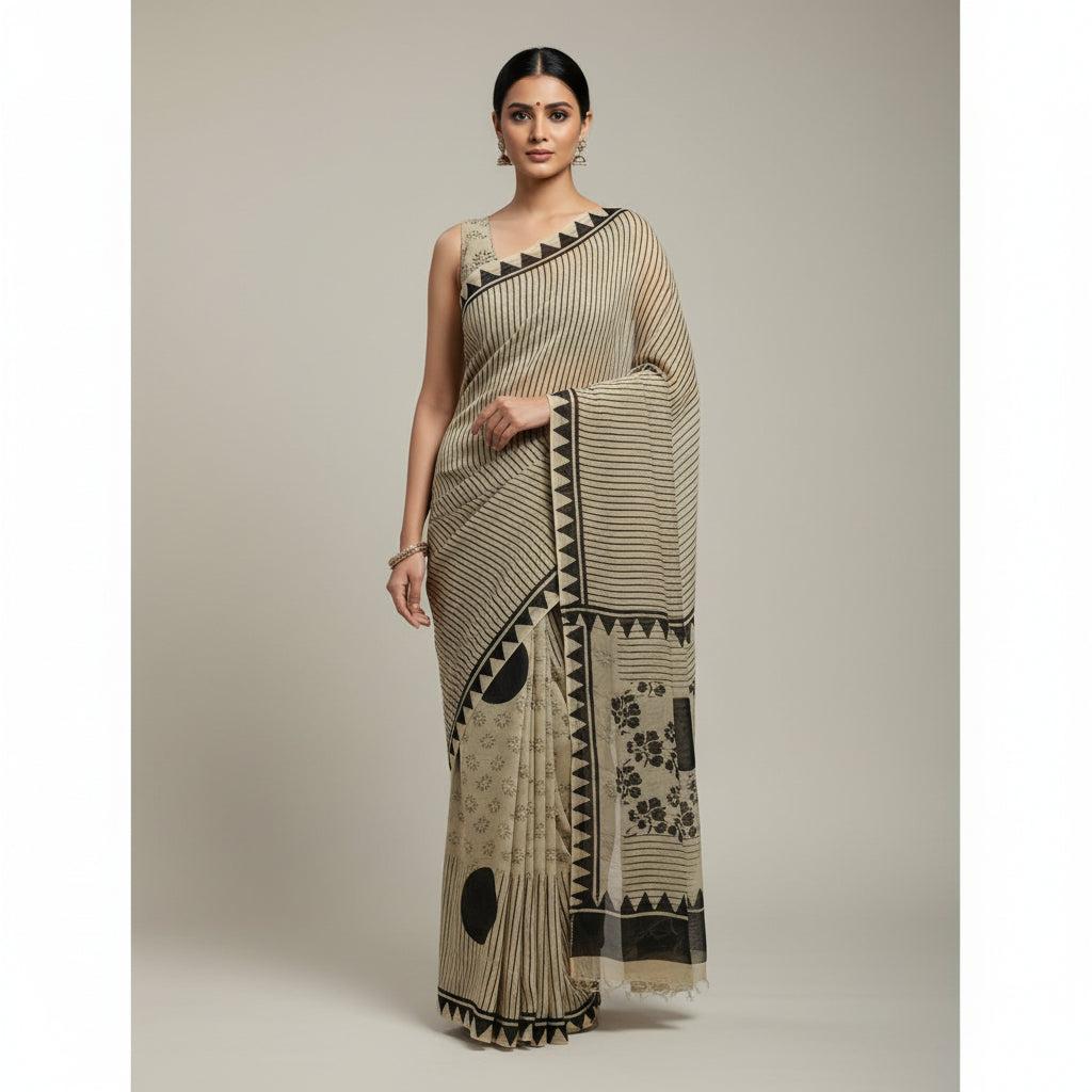 Beige and black patterned chiffon saree on a light blue background