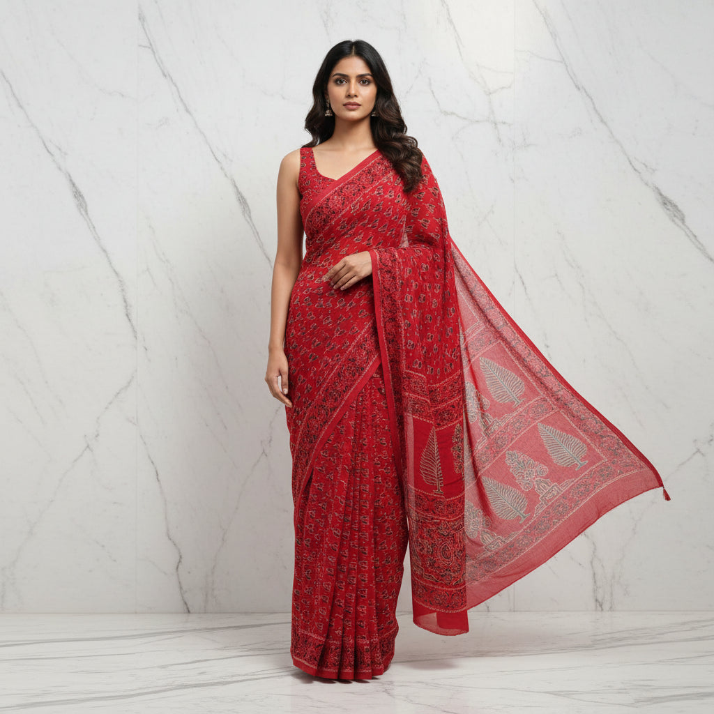 Red chiffon saree with intricate black patterns on a white background