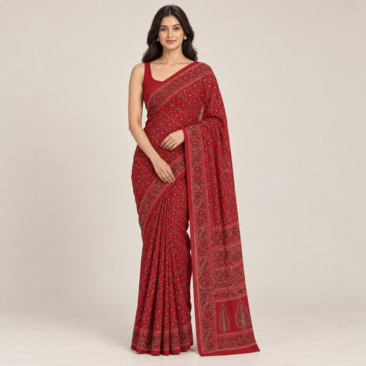 Red chiffon saree with lotus motifs 