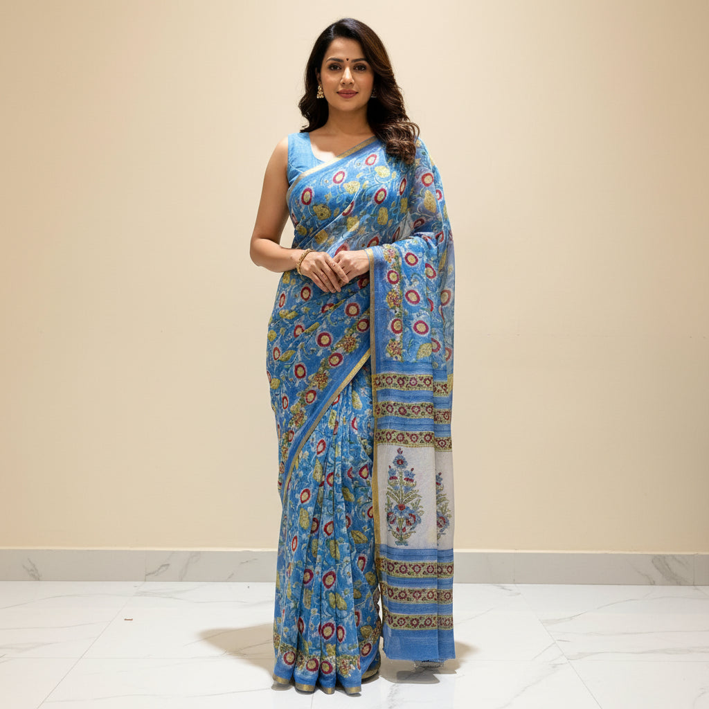A blue patterned saree with intricate yellow, red, and white motifs, draped over a chair and floor in an indoor setting.
