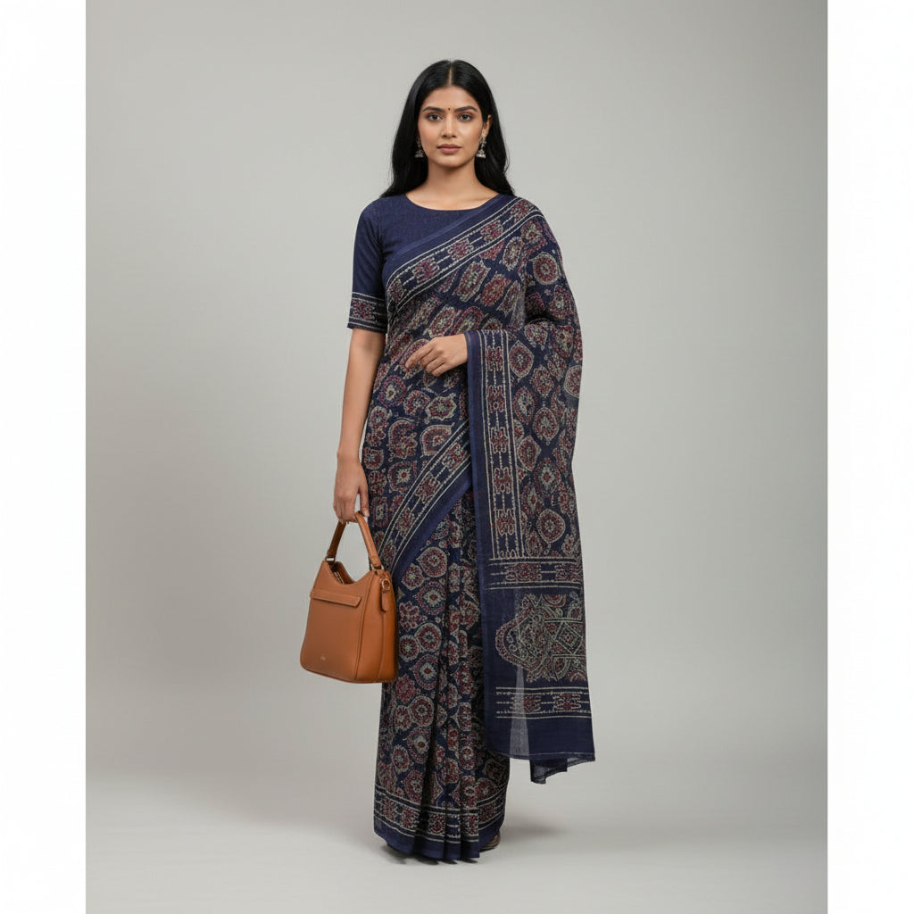 Navy blue chiffon saree with intricate patterns on a light wooden surface