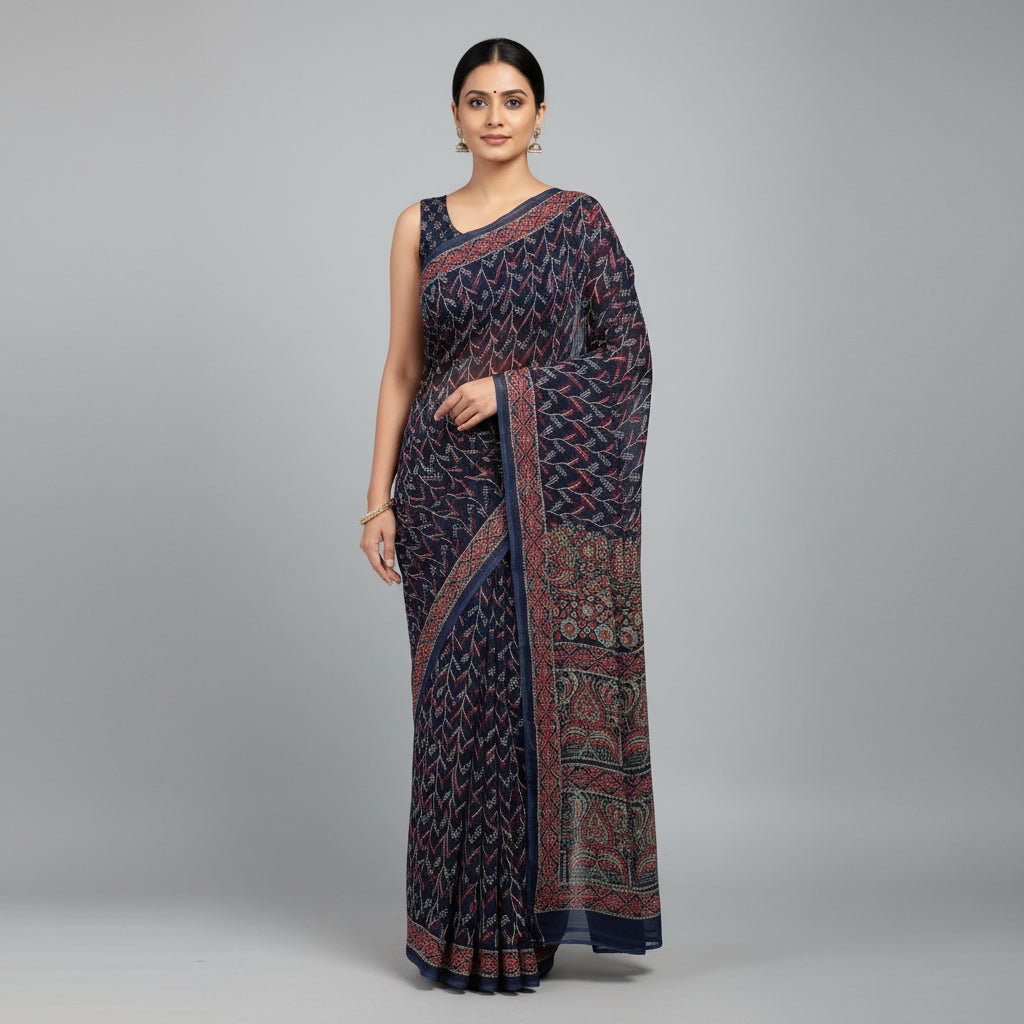 A navy blue block-print cotton saree with intricate red, green, and gold patterns, laid out on a light gray textured surface. A white label in the bottom-left corner reads 'chiffon saree'.