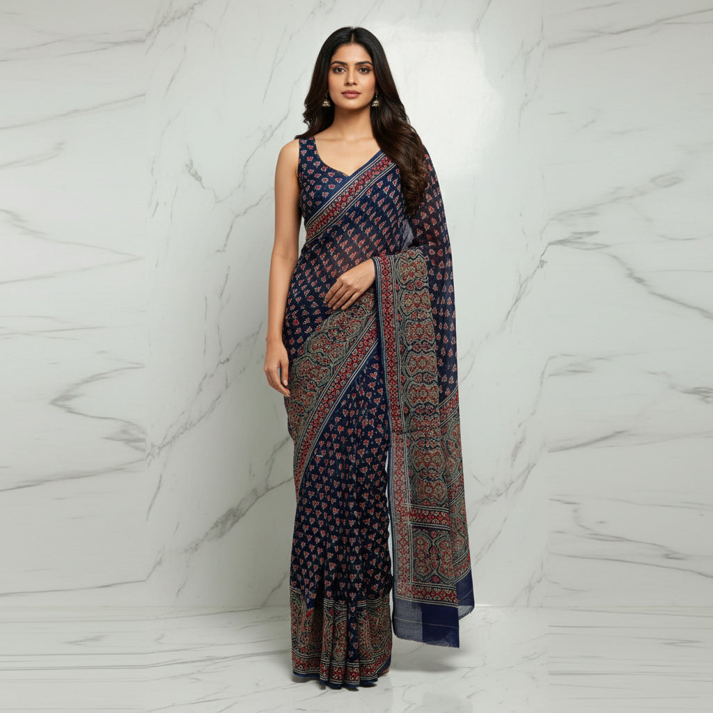 A navy blue chiffon saree with intricate red, beige, and white block-printed patterns and borders, draped on a light marble surface.