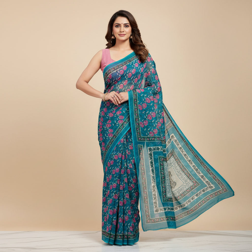 A teal blue chiffon saree with pink floral prints, a light blue-grey central panel with three black paisley motifs, and a decorative border, laid out on a white marble surface.