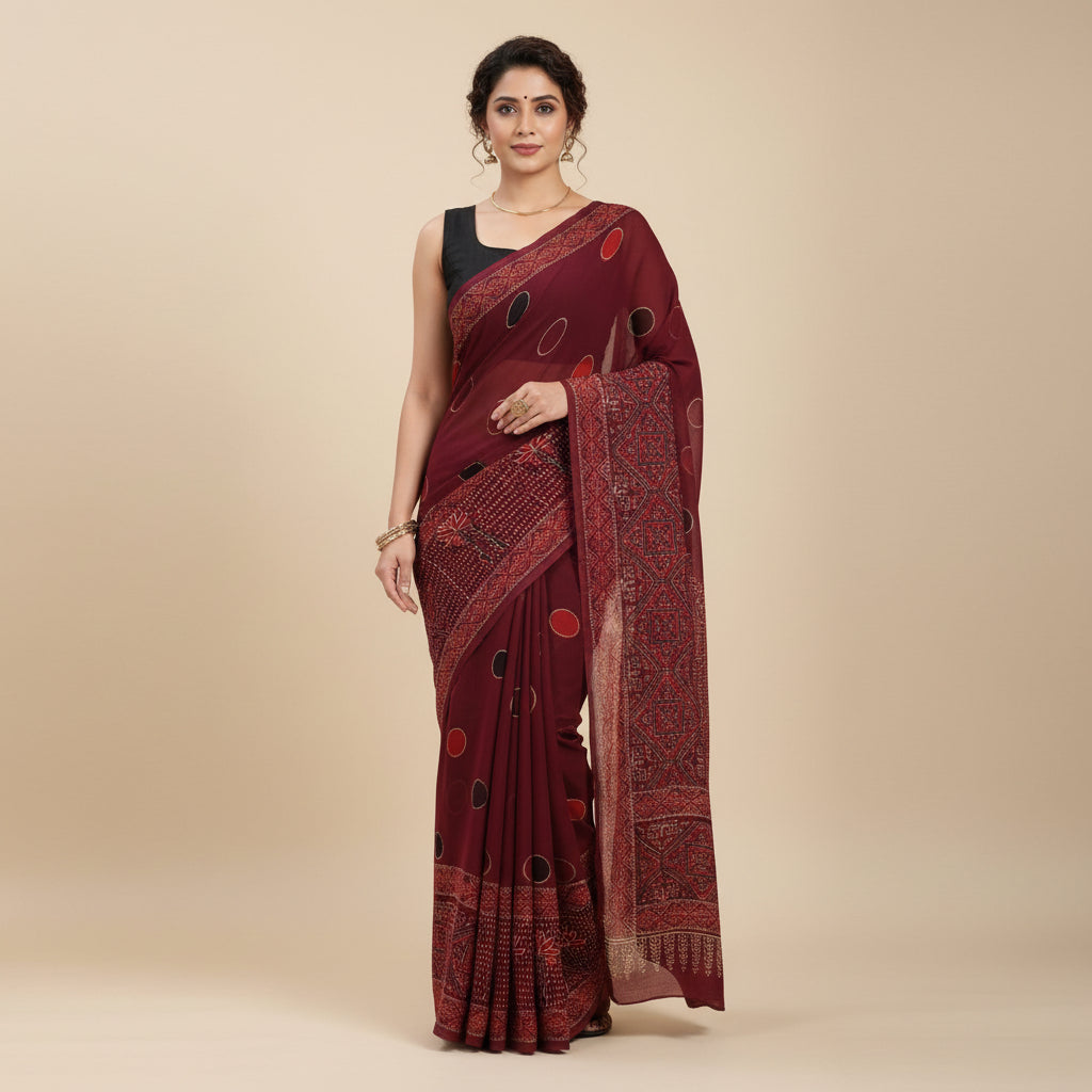 Maroon chiffon saree with intricate patterns on a light wooden surface
