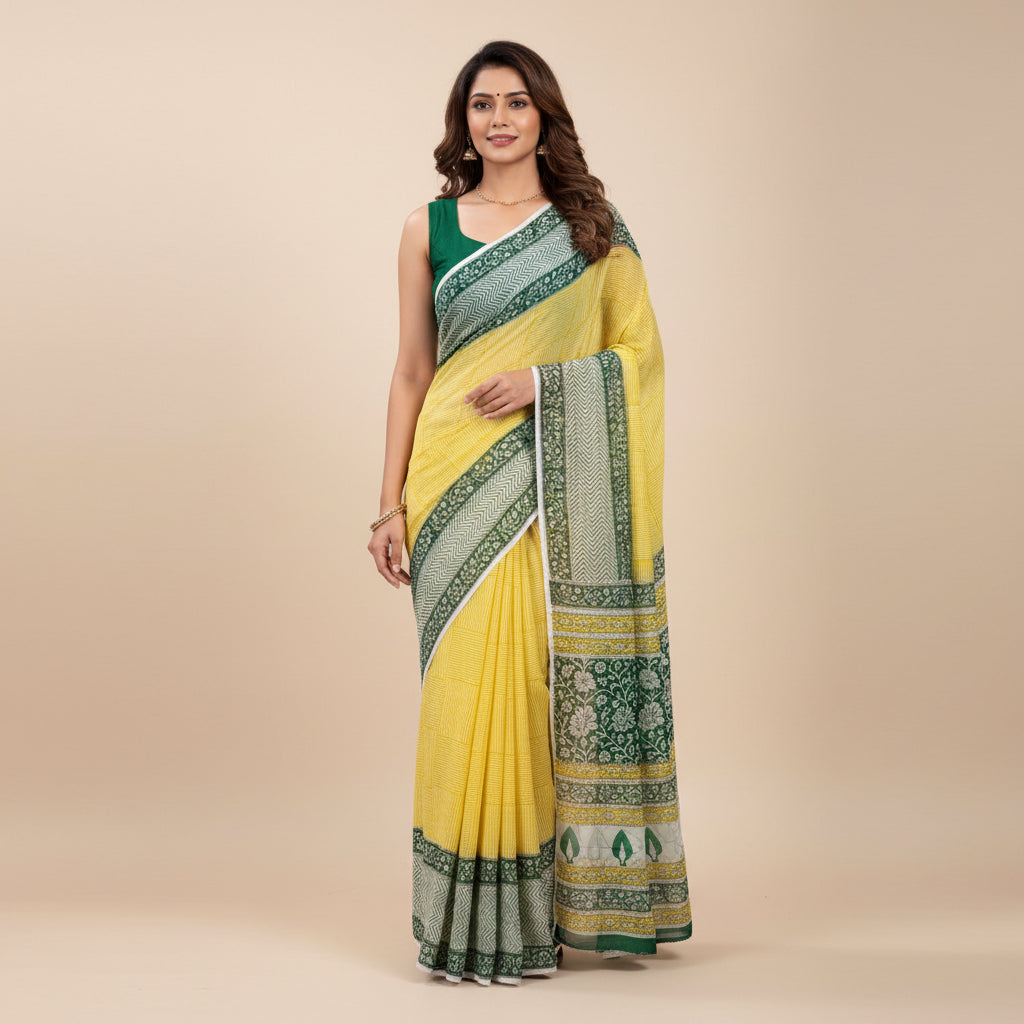 A folded chiffon saree with a bright yellow body and a wide border featuring green and yellow floral patterns, displayed on a white marble-textured surface.