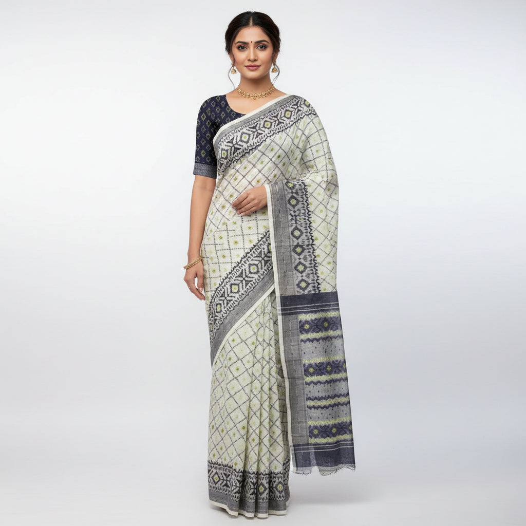 A close-up of a patterned fabric, likely a saree or textile, laid flat on a wooden surface. The fabric features a cream base with black geometric borders, a black diamond lattice pattern with lime green dots, and vertical columns of dark blue-gray and black motifs with lime green accents.