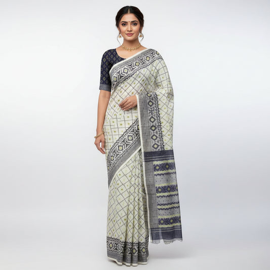 A close-up of a patterned fabric, likely a saree or textile, laid flat on a wooden surface. The fabric features a cream base with black geometric borders, a black diamond lattice pattern with lime green dots, and vertical columns of dark blue-gray and black motifs with lime green accents.