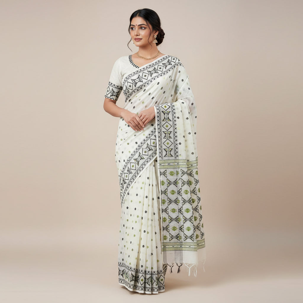 A white cotton saree with black and green geometric patterns, laid flat on a wooden floor. The fabric features a solid patterned border, a dotted body, and a wide border section with repeating bow and floral motifs.