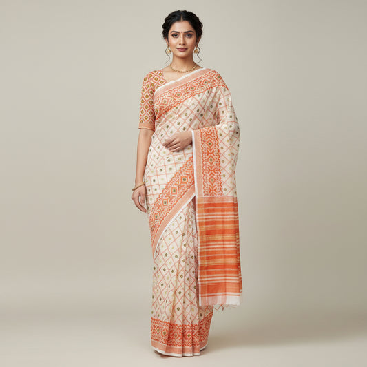 A folded and draped piece of white cotton fabric with vertical orange and red geometric patterns and small green accents, laid flat on a brown wooden surface.