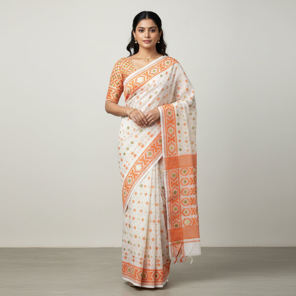 A white Banarasi silk saree with orange and green geometric patterns, laid flat on a wooden floor. The saree features a wide orange border with intricate motifs and a matching patterned blouse piece.