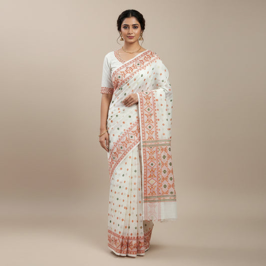 A white cotton saree with orange and green geometric patterns, laid flat on a wooden floor. The fabric features a dotted pattern on the upper section, a wide border with orange and green motifs, and a matching fabric piece folded on top.
