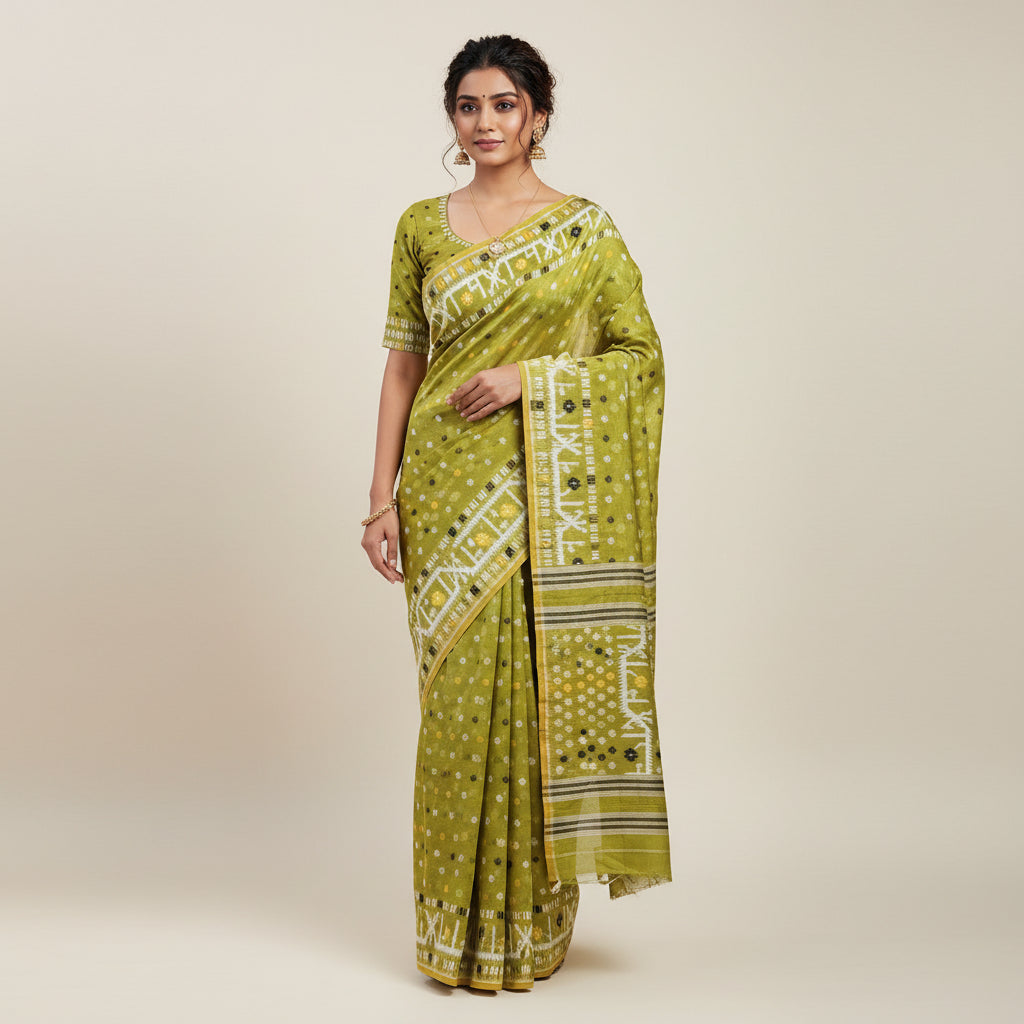 A flat-laid olive green cotton fabric set, likely a salwar suit material, featuring a printed body with white and black dots, vertical white ikat-style borders, and a matching printed fabric piece laid diagonally on top.