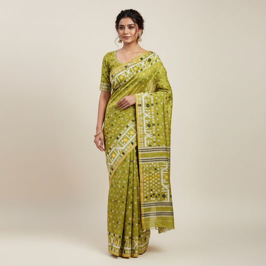 A flat-laid olive green cotton fabric set, likely a salwar suit material, featuring a printed body with white and black dots, vertical white ikat-style borders, and a matching printed fabric piece laid diagonally on top.