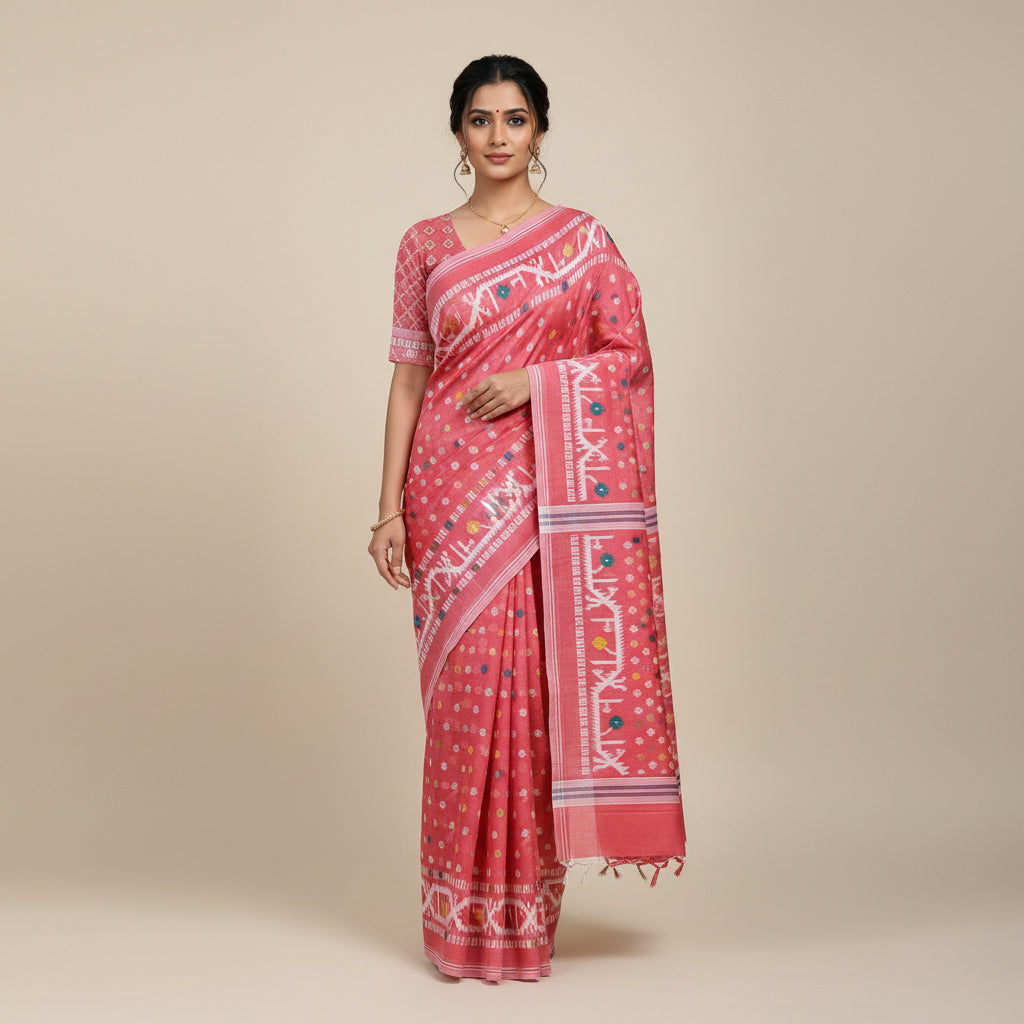 A pink cotton saree with white, blue, and yellow ikat patterns and a matching pink blouse piece, laid flat on a wooden floor.