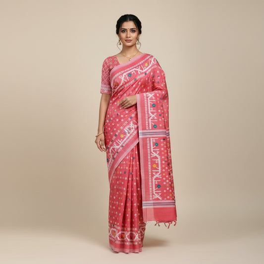 A pink cotton saree with white, blue, and yellow ikat patterns and a matching pink blouse piece, laid flat on a wooden floor.