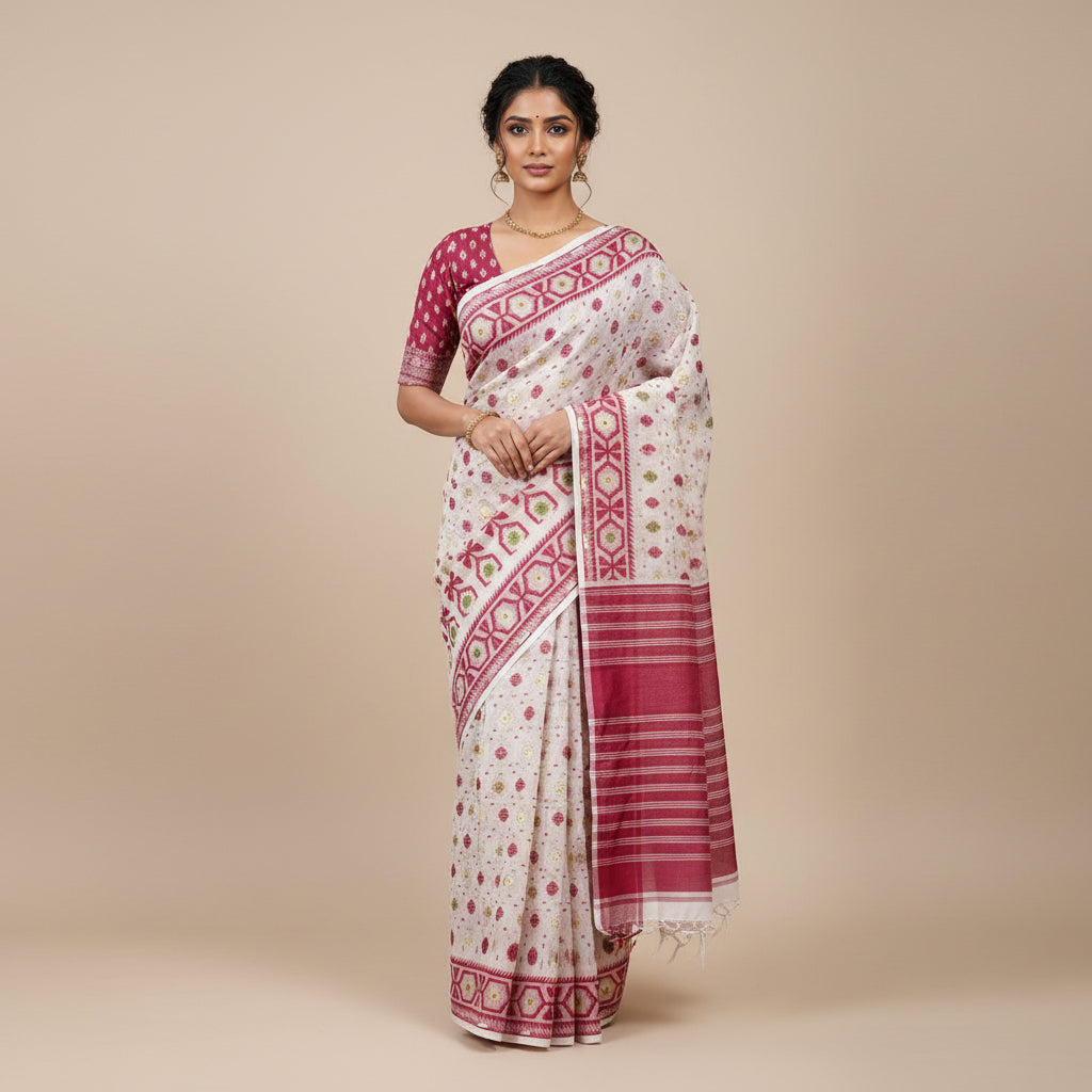A folded and unfolded white cotton fabric, likely a saree or dupatta, featuring a vibrant magenta-pink geometric pattern with green and yellow floral accents.
