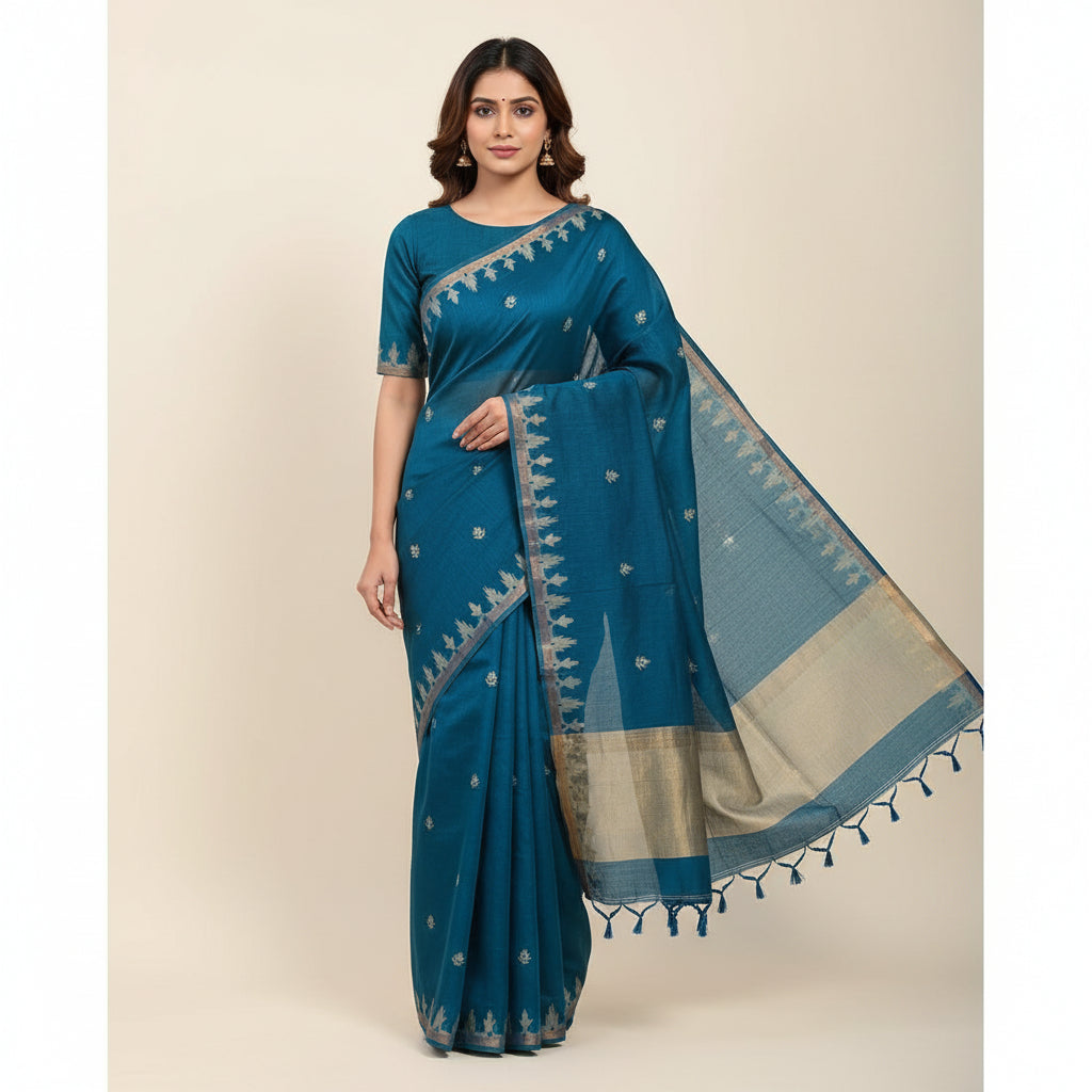 Blue Bengal Cotton Saree with Butti and Woven Border