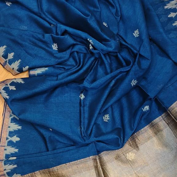 Blue Bengal Cotton Saree with Butti And Woven Border