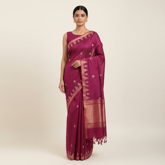 Magenta Bengal Cotton Saree with Butti And Woven Border