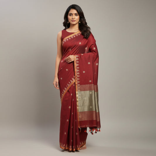 Maroon Bengal Cotton Saree with Butti And Woven Border