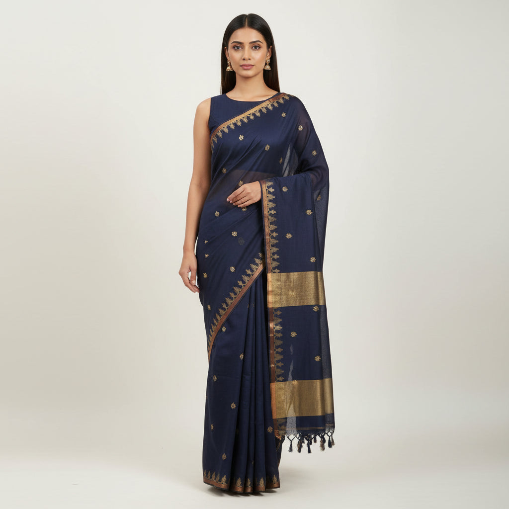 Navy Blue Bengal Cotton Saree with Butti and Woven Border