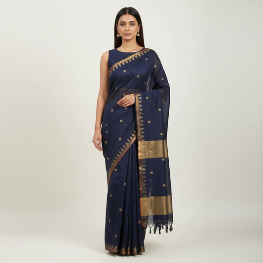 Navy Blue Bengal Cotton Saree with Butti and Woven Border