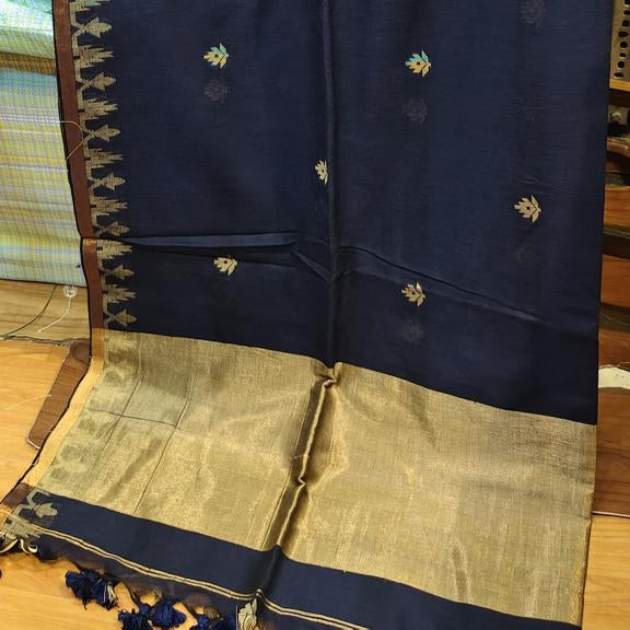Navy Blue Bengal Cotton Saree with Butti and Woven Border